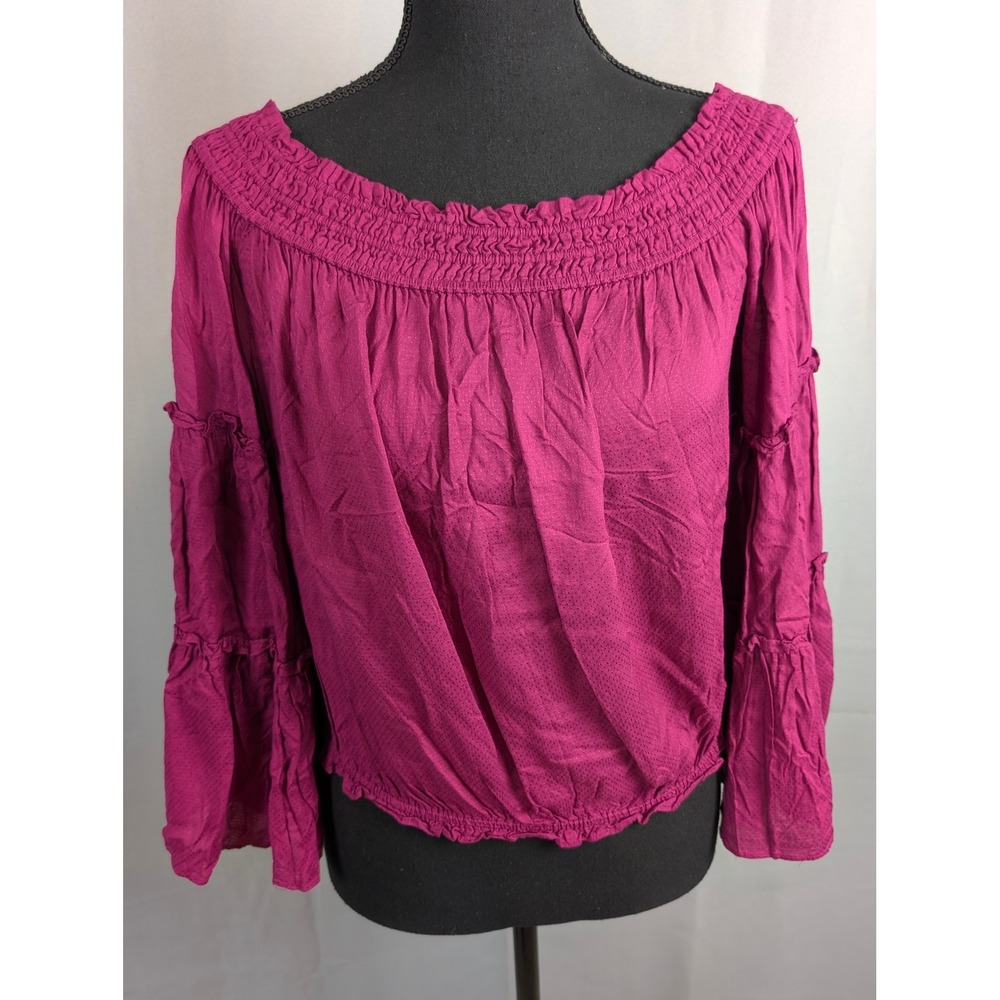 Free People " Free Spirit" Off The Shoulder Top SZ XS Magenta Ruffle Bell Sleeve - Picture 7 of 9